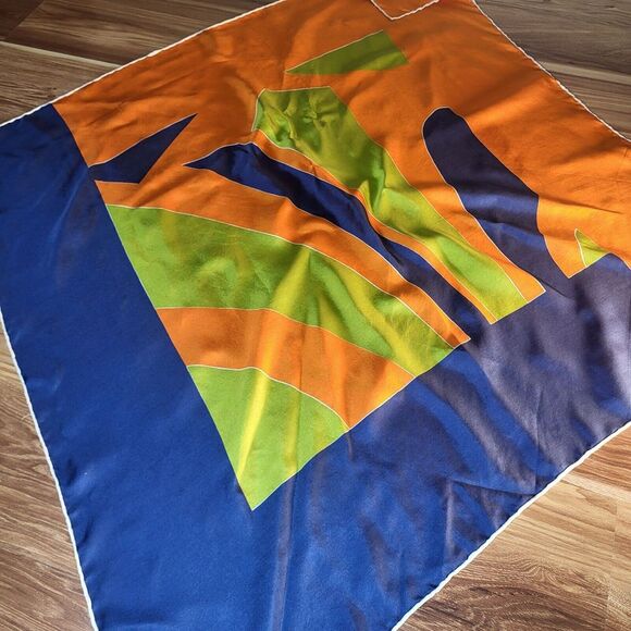 Pura Seta Authentic 30" X 30" Scarf Navy Blue Orange Green Geometric Art Deco - Picture 5 of 5